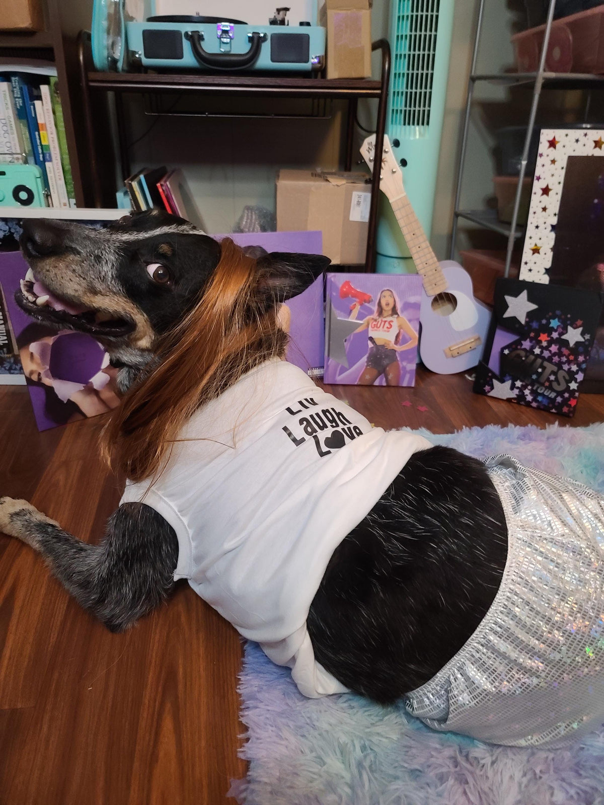 Olivia Rodrigo Dog Encore Costume Liv Laugh Love GUTS Tour Custom Tank Top Silver Skirt Pet Outfit Halloween