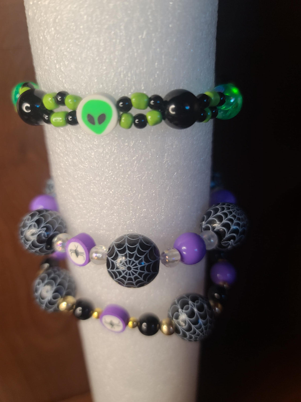 Handmade Halloween Beaded | Spooky Cute Stackable Stretch Bracelets | Spiderweb, Ghost, Alien, Superhero Star Candy Beads | Jewelry & Gifts