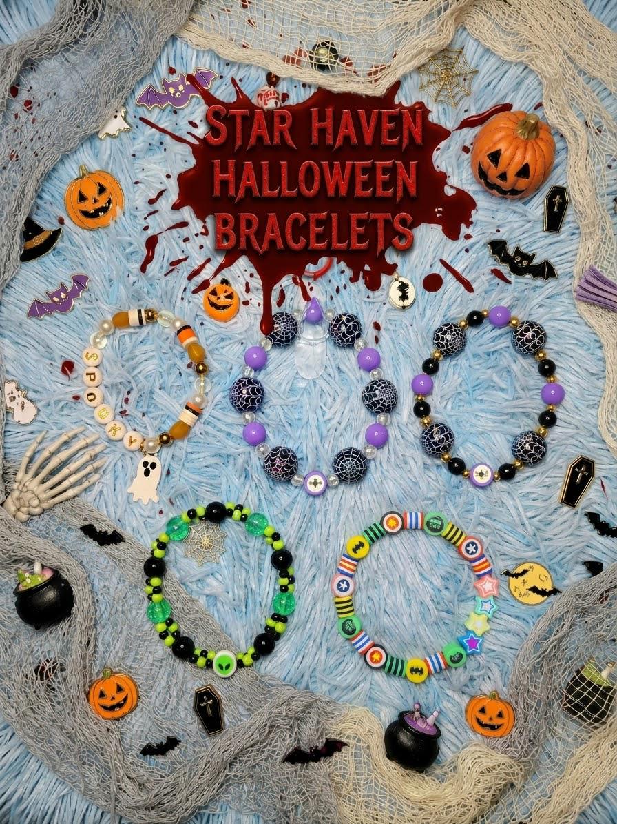 Handmade Halloween Beaded | Spooky Cute Stackable Stretch Bracelets | Spiderweb, Ghost, Alien, Superhero Star Candy Beads | Jewelry & Gifts